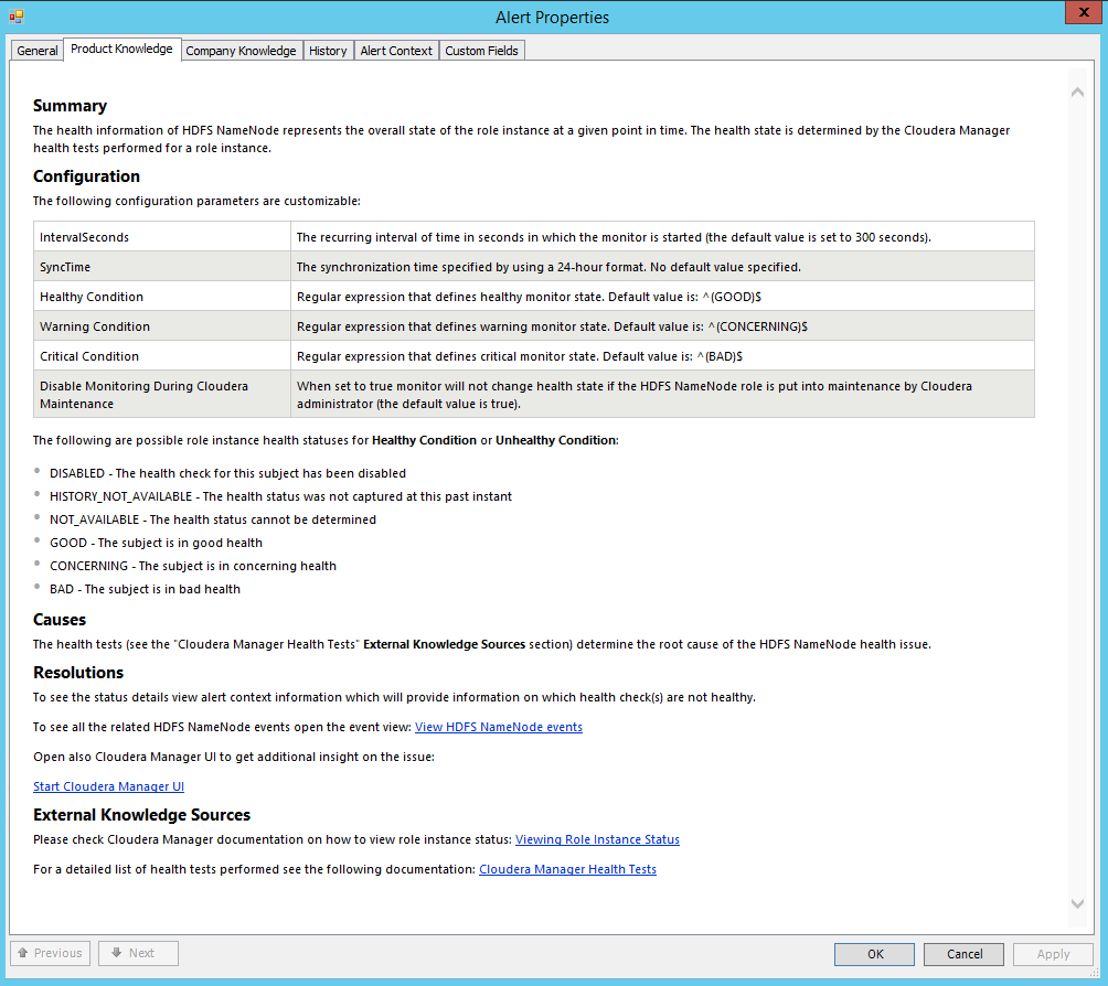 Cloudera Management Pack for SCOM monitor knowledge